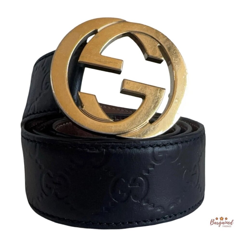 Authentic Gucci Black Guccissima Leather Gold Interlocking G Buckle Belt 90/36